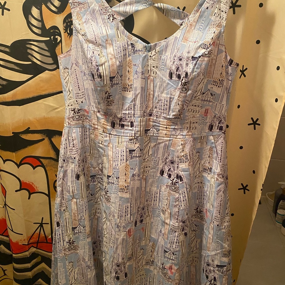 NYC Skyline City Print Sleeveless Midi Dress.  Criss cross back Canadian made
